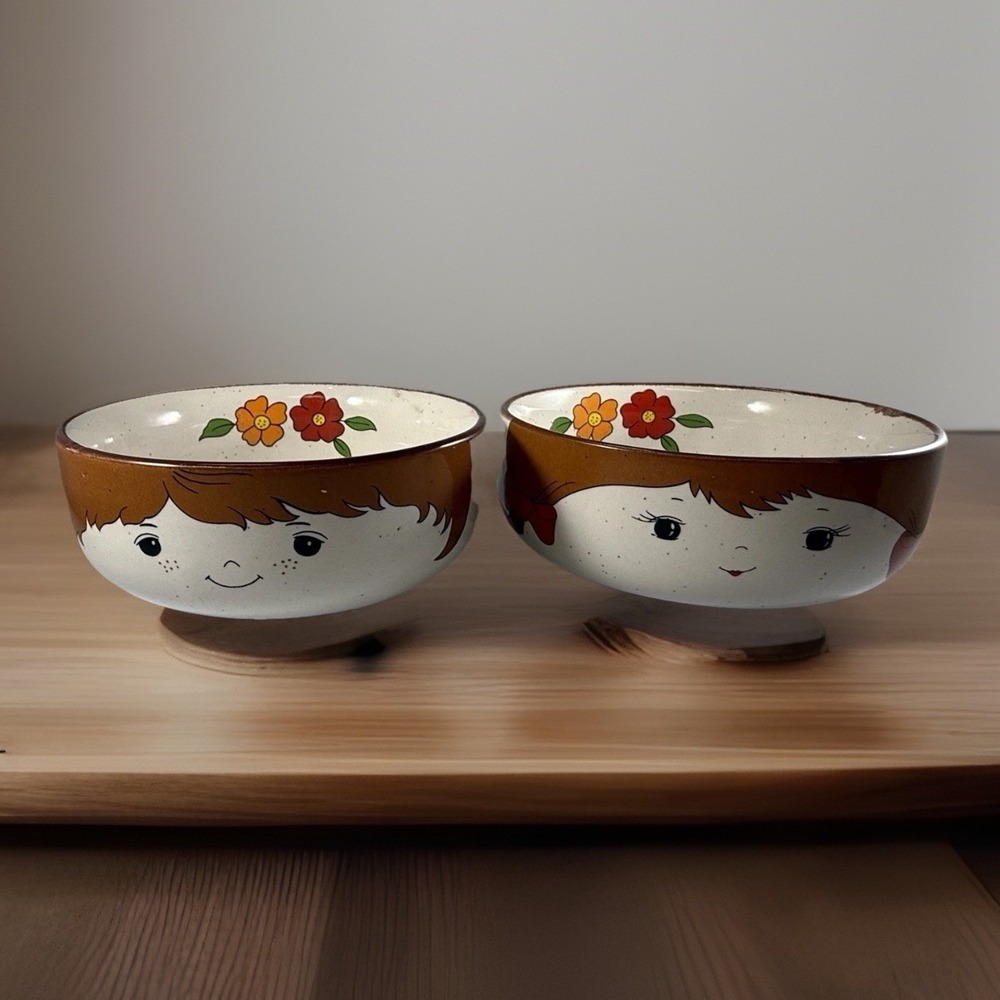 (2) Interpur MCM Vintage Stoneware  Bowls  With Country‎ Boy & Girl Face 5.25"